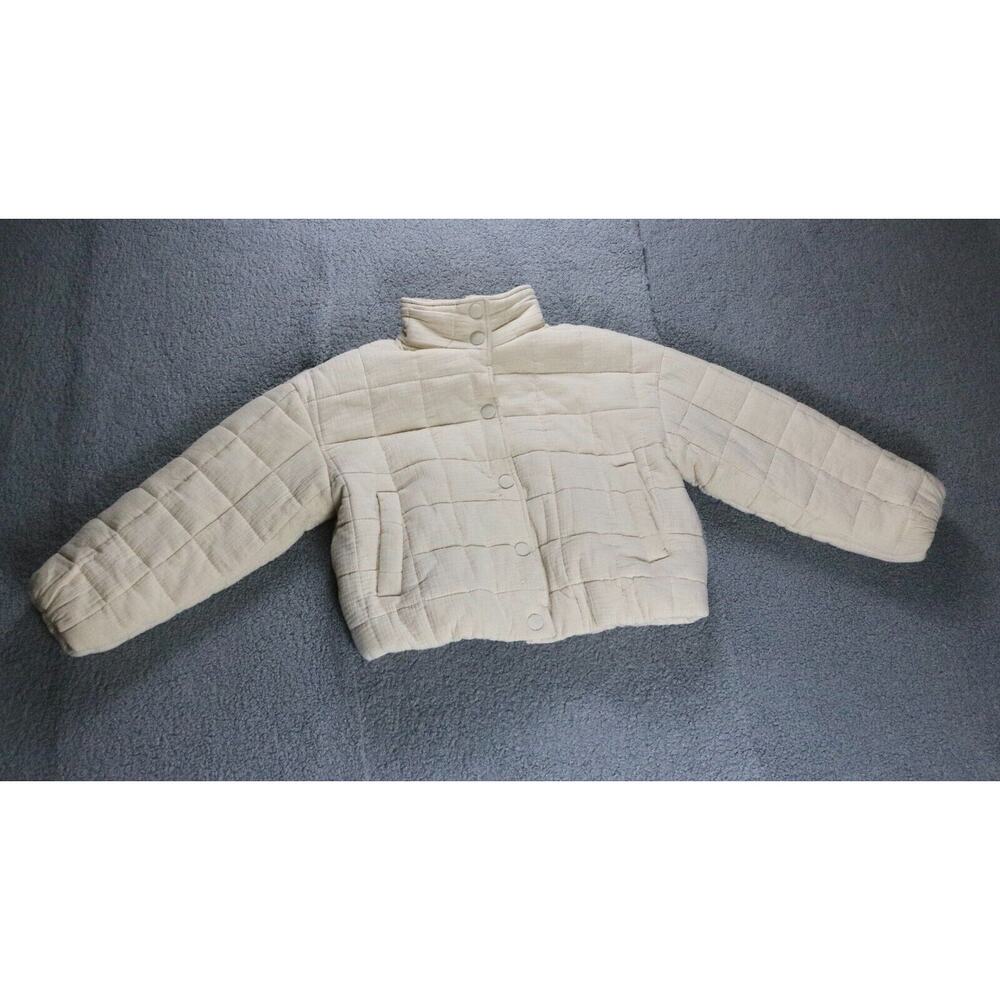 Luca + Grae Coat Womens Medium Tan Beige Puffer Quilted Jacket Short Snap Button